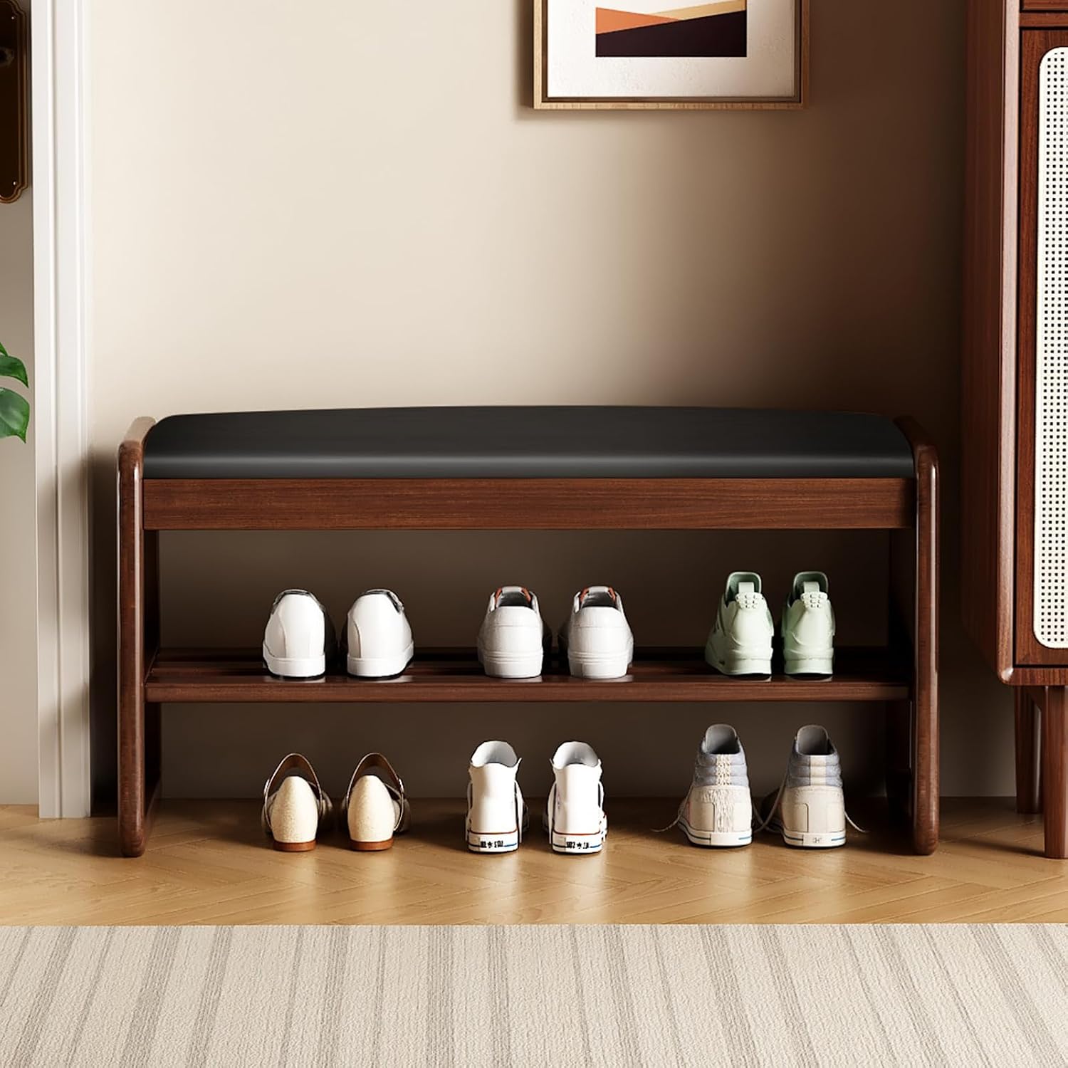 Wooden Shoe Storage Bench with Padded Top Cushion, Two-Tier Wooden Shoe Rack, Suitable for Bedrooms and Living Rooms, Black Walnut(39.4'')