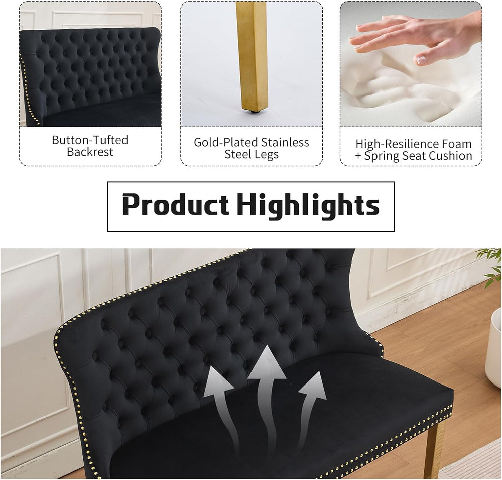 Black Velvet Dining Bench with Back, Tufted Banquette Seating, Gold Legs | Up...