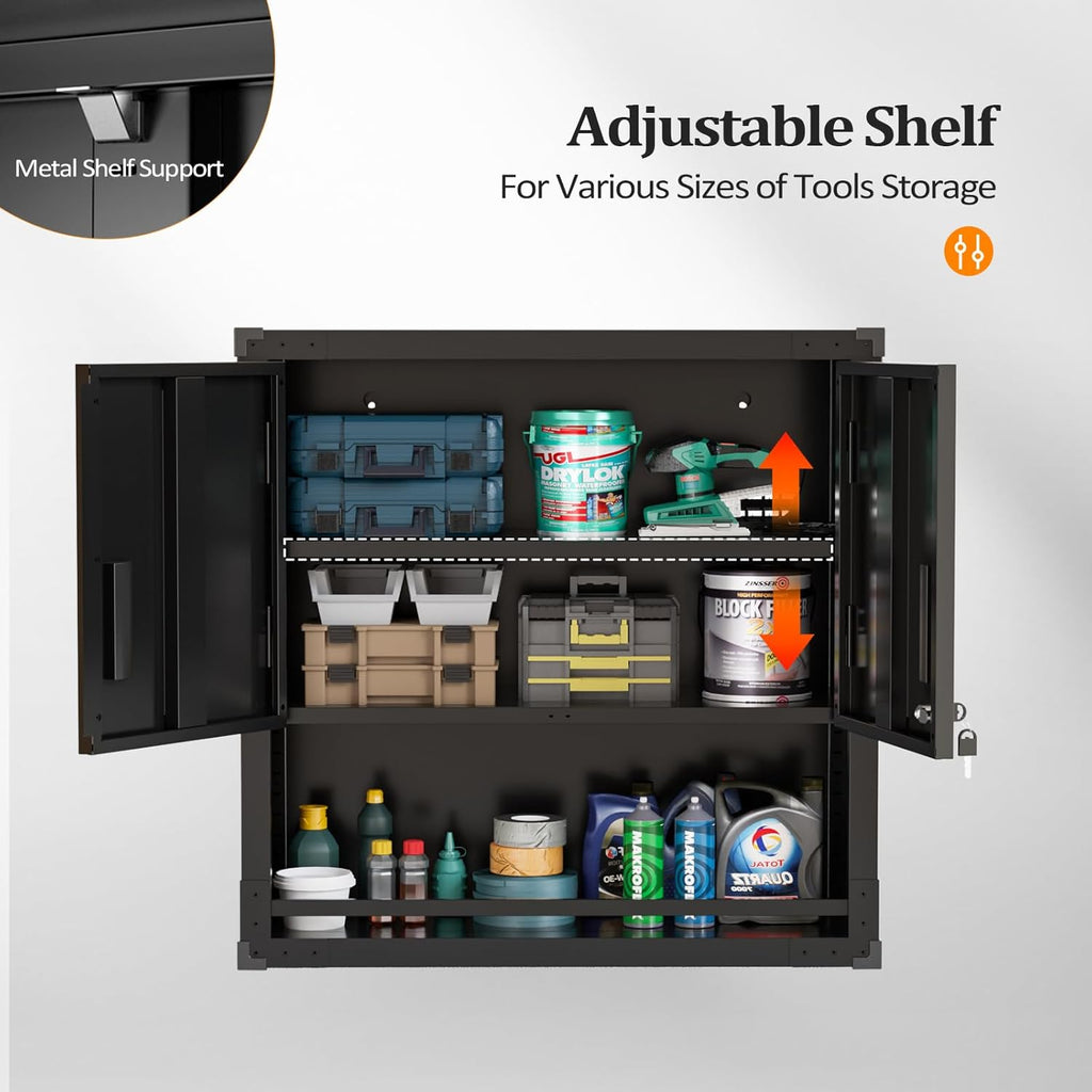 VINGLI Garage Wall Cabinet with Locking Doors and Adjustable Shelf, Metal Wall Cabinet, Floating Upper Storage Cabinet (Black, 30''W x 12''D x 30''H)