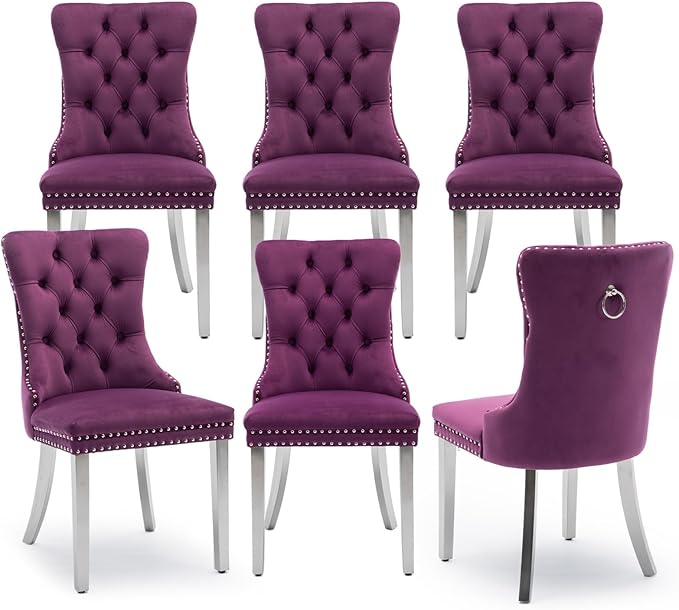 Velvet Upholstered Dining Chairs Set of 6, Modern Kitchen Side Chairs with Na...