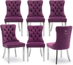 Velvet Upholstered Dining Chairs Set of 6, Modern Kitchen Side Chairs with Nailhead Trim and Silver Plated Leg, Metal Pulling Ring for Dining Room Living Room(Purple-Silver Plated Leg)