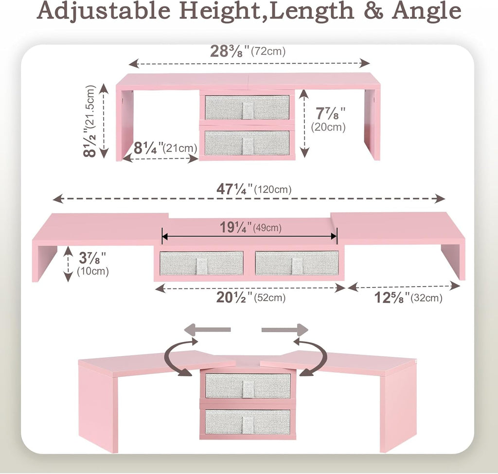 TEAMIX Pink Dual Monitor Stand Riser with 2 Drawers - Length and Angle Adjustable Double Corner Desk Shelf Organizer 37 inch for 2 Laptop/PC/Screen/TV (2 Drawers - 8''H)