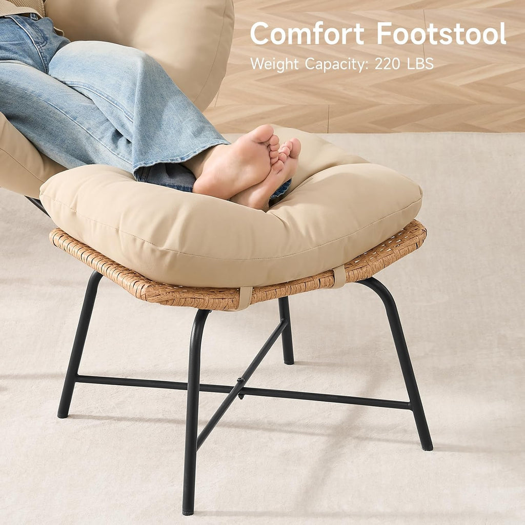 ONBRILL Papasan Rocking Chair with Ottoman, Oversized Papasan Chair, Beige | Indoor & Outdoor Rocker Chair with Padded Cushion for Living Room, Patio, Garden