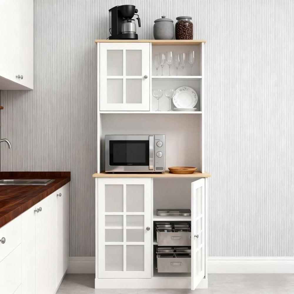 Oak+White Large Countertop Kitchen Pantry Cabinet, Freestanding Storage Cabin...