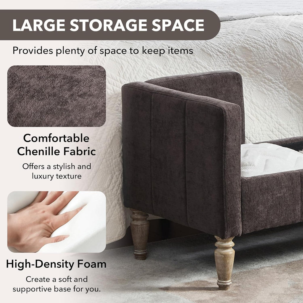 NIOIIKIT 65" Corduroy Upholstered Storage Ottoman Bench with Pillows Coffee | Large Entryway Bench with Wood Leg, End of Bed Bench with Straight Armrest, Window Bench for Bedroom, Living Room