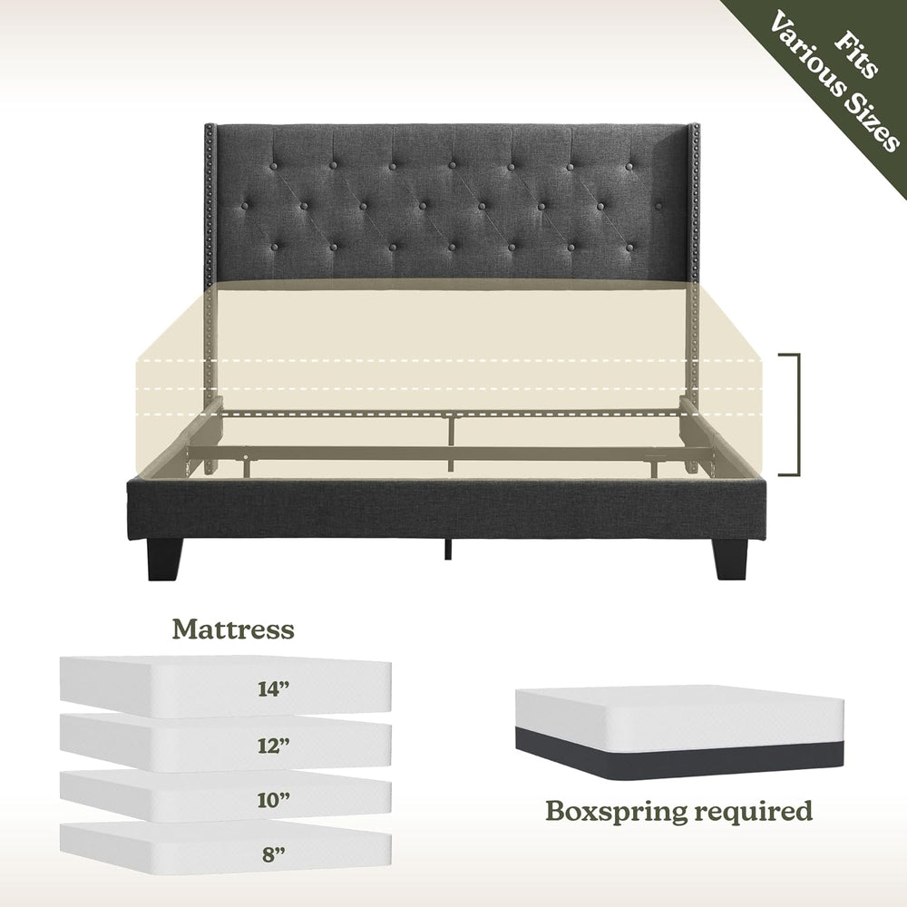 Hearth & Harbor Queen Bed Frame with Headboard Wingback – Linen Platform ...