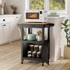 VINGLI Rolling Kitchen Cart with Microwave Stand, Storage Cabinet & Drawer, Small Coffee Cart with Side Hooks & Towel Rods, Compact Kitchen Island on Swivel Wheels, Black