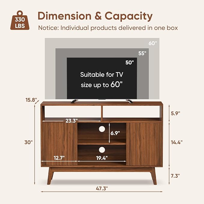 Concho Fluted TV Stand for 60 Inch TV, Modern Entertainment Center with Storage and Shelves, Wood TV Console with Solid Wood Legs, Tall Media Console, TV Cabinet for Living Room and Bedroom, Walnut