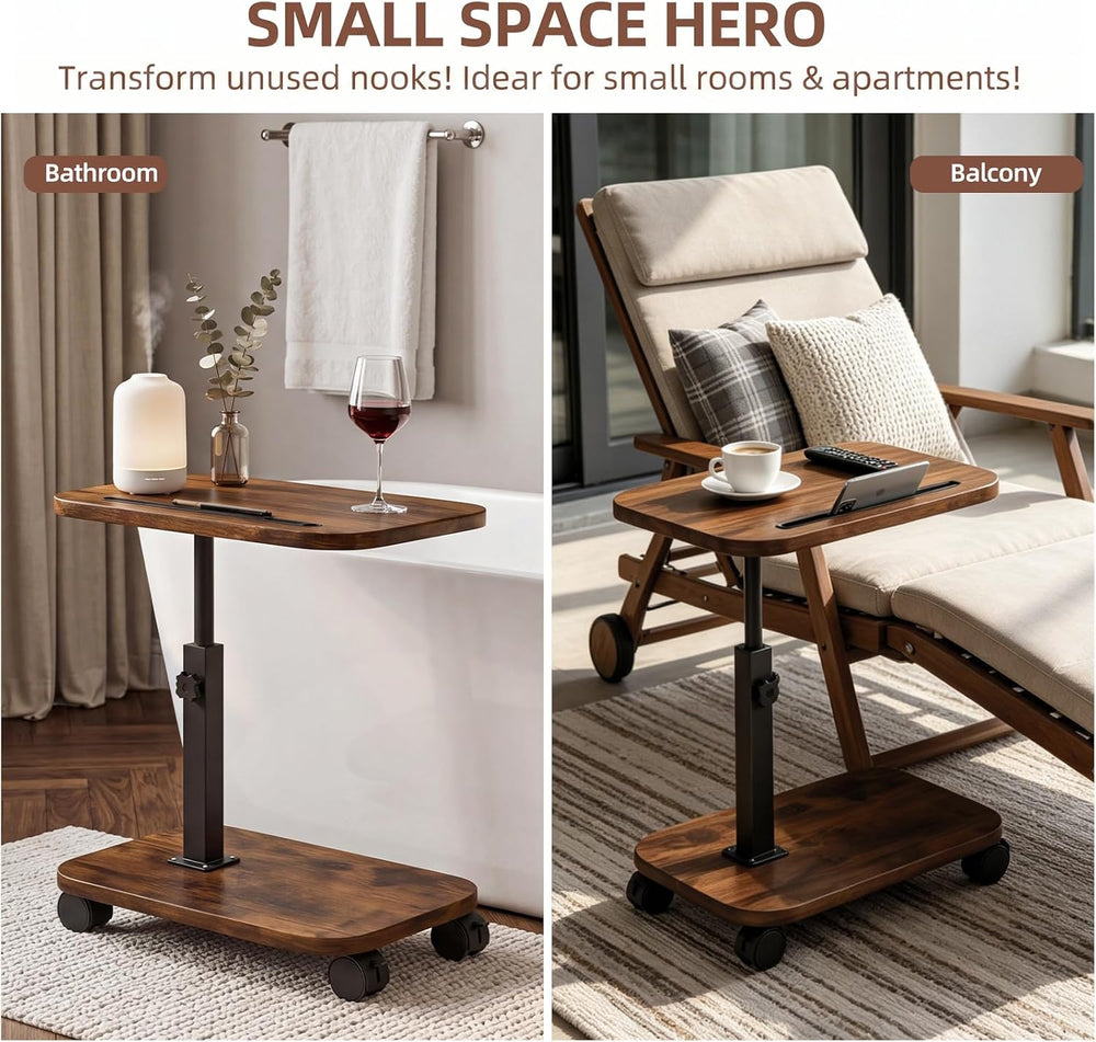 Adjustable TV Tray Side Table 360°Swivel Rolling, Rustic Brown | Adjustable H...
