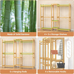 Homykic Bamboo Closet System Clothes Rack, Large Freestanding Garment Rack Clothing Rack for Hanging Clothes with 7 Storage Shelves and 5 Rods, Open Wardrobe Organizer with 4 Hooks, Natural