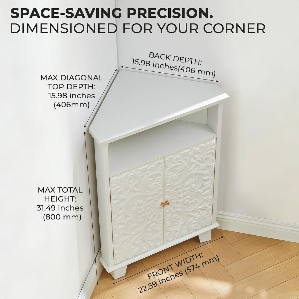 Corner Storage Cabinet, 31.5" Floral Accent Cabinet for Small Spaces, White