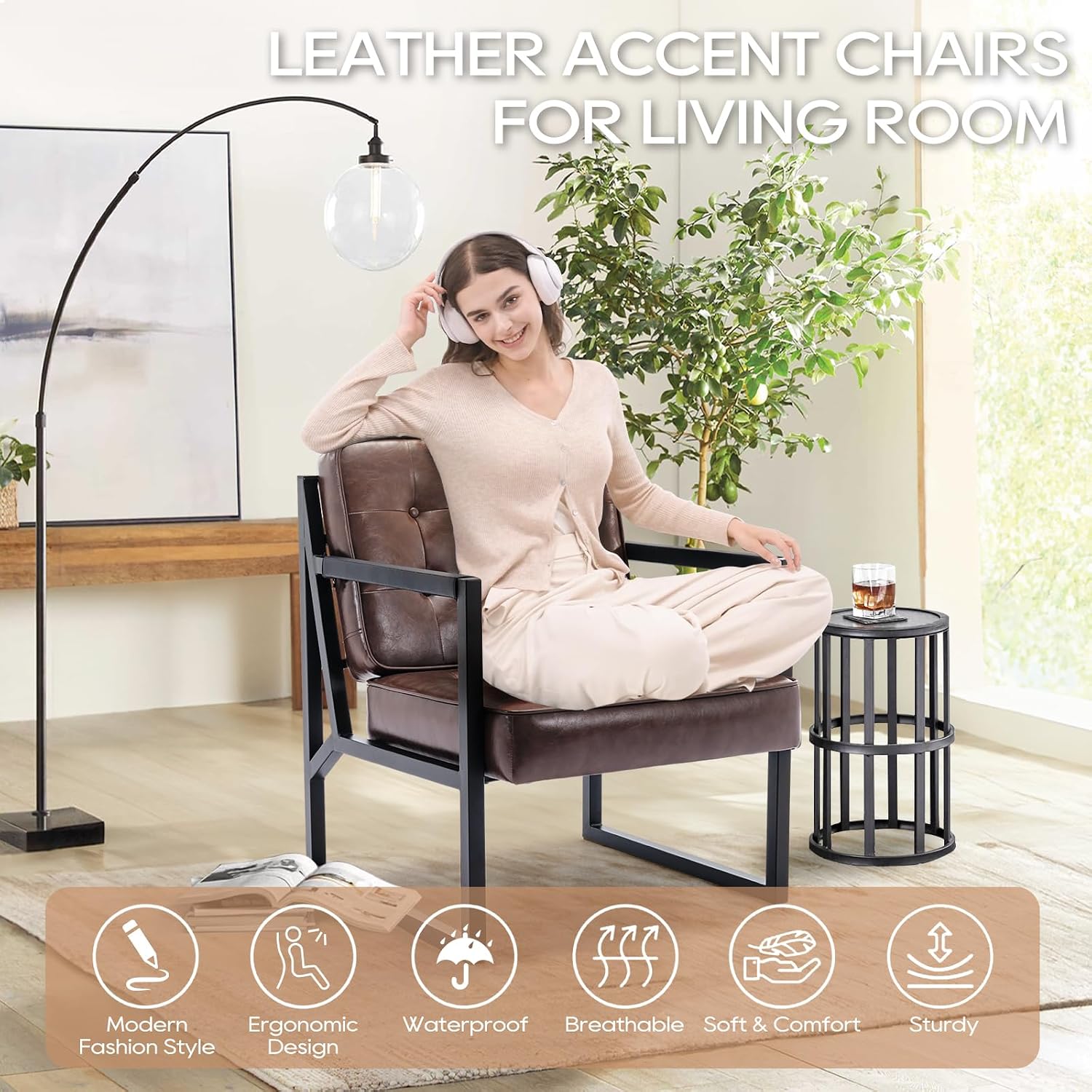 MALOL Mid Century Modern Accent Chair Set of 2, Comfy Living Room Chair, Brown Leather Accent Chair, Faux Leather Reception Armchair with Metal Legs for Living Room Bedroom Reception Office, Brown