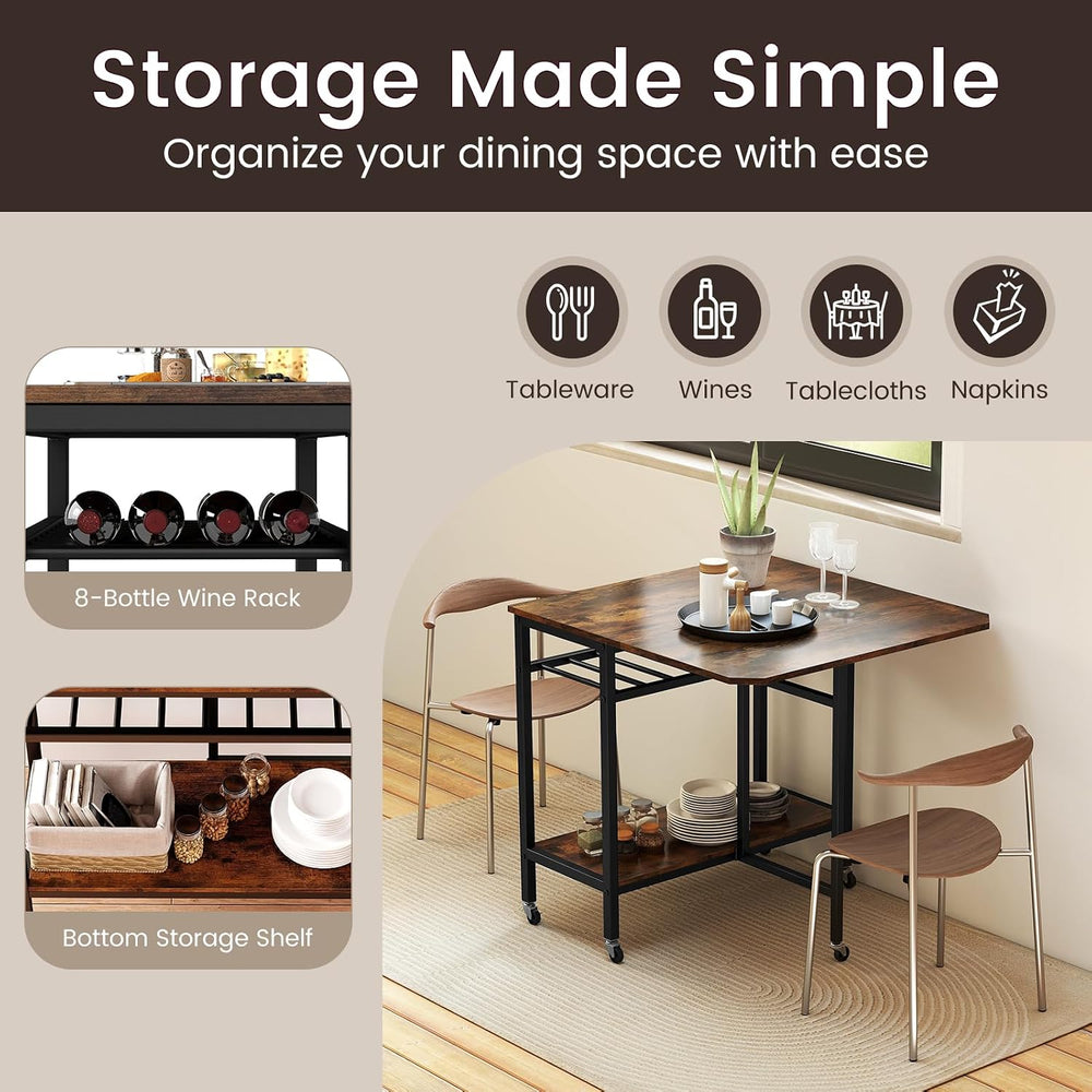 GOFLAME Folding Dining Table, Rolling Kitchen Table with Wine Rack and Storag...