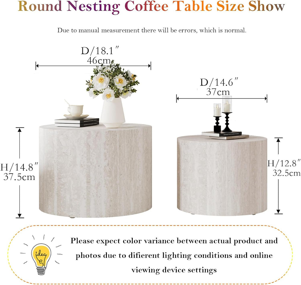 Round Travertine Nesting Coffee Table (A 18.1+14.6in) | Modern Circular Accen...