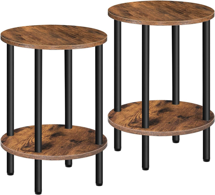 CHOEZON Side Table Set of 2, 2-Tier Round End Table, Small Nightstand with Sturdy Metal Tube, Industrial Coffee Table, for Living Room, Bedroom, Rustic Brown and Black TBZ01P2BF
