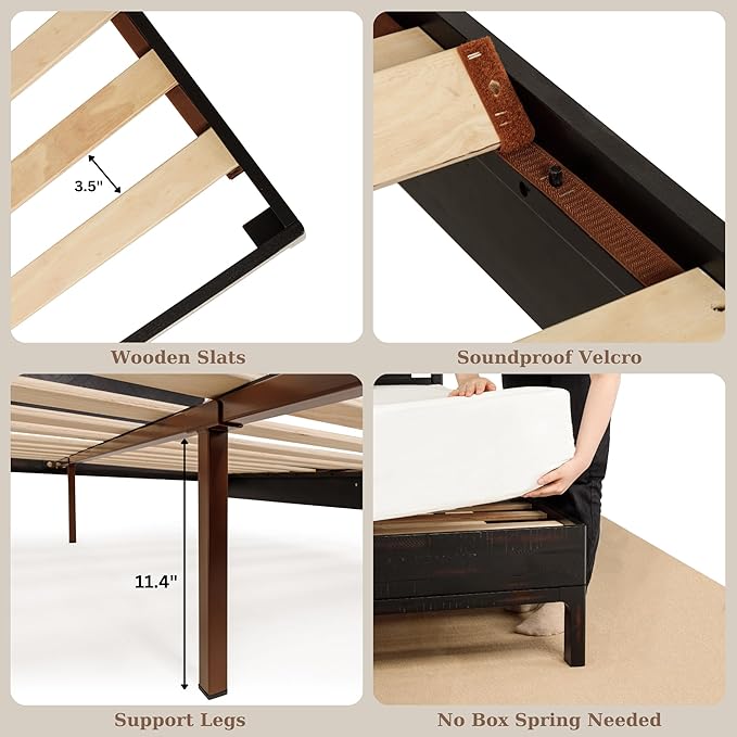 Bme Ethan King Size Bed Frame with Diamond Headboard, Rustic Mid-Century Modern, Solid Acacia Wood, No Box Spring Needed, Slat Support, Rustic Black
