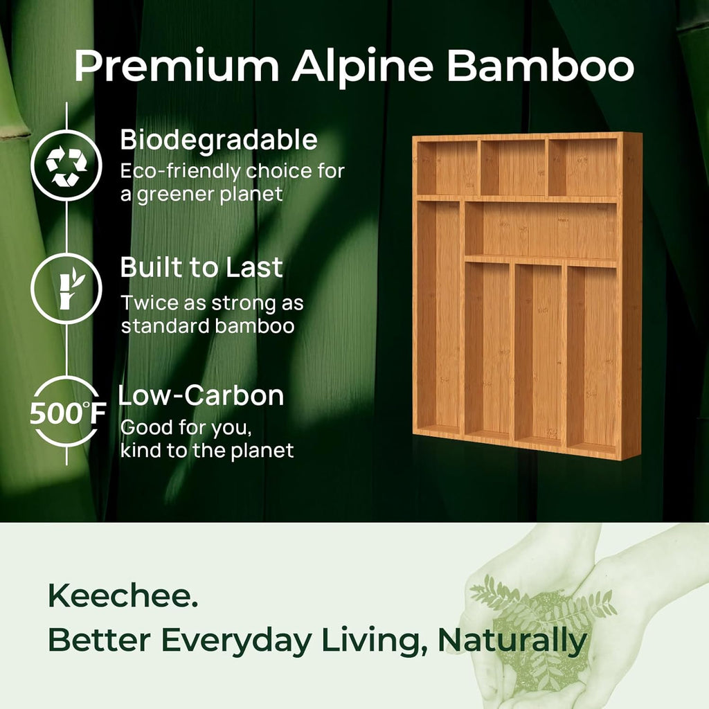 Carbonized Bamboo Kitchen Drawer Organizer, 8 Slots Silverware Organizer, Utensil Holder & Cutlery Tray, 2.2" Deep for Extra Capacity, Non-Slip Feet Included