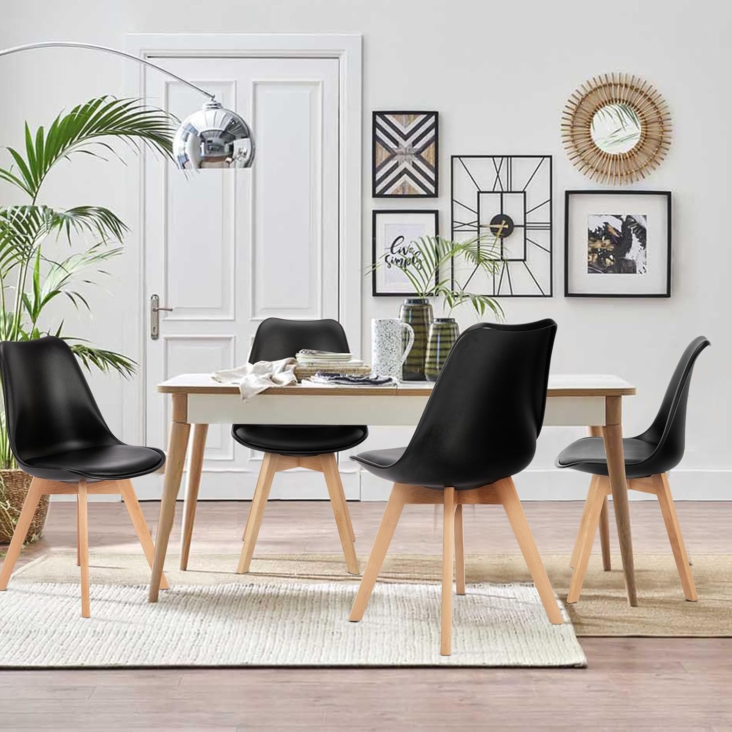 OLIXIS Dining Chairs Set of 4, PU Leather Upholstered Kitchen Chairs with Solid Wood Legs, Mid Century Modern Accent Chair for Living Room, Bedroom, Patio, Black