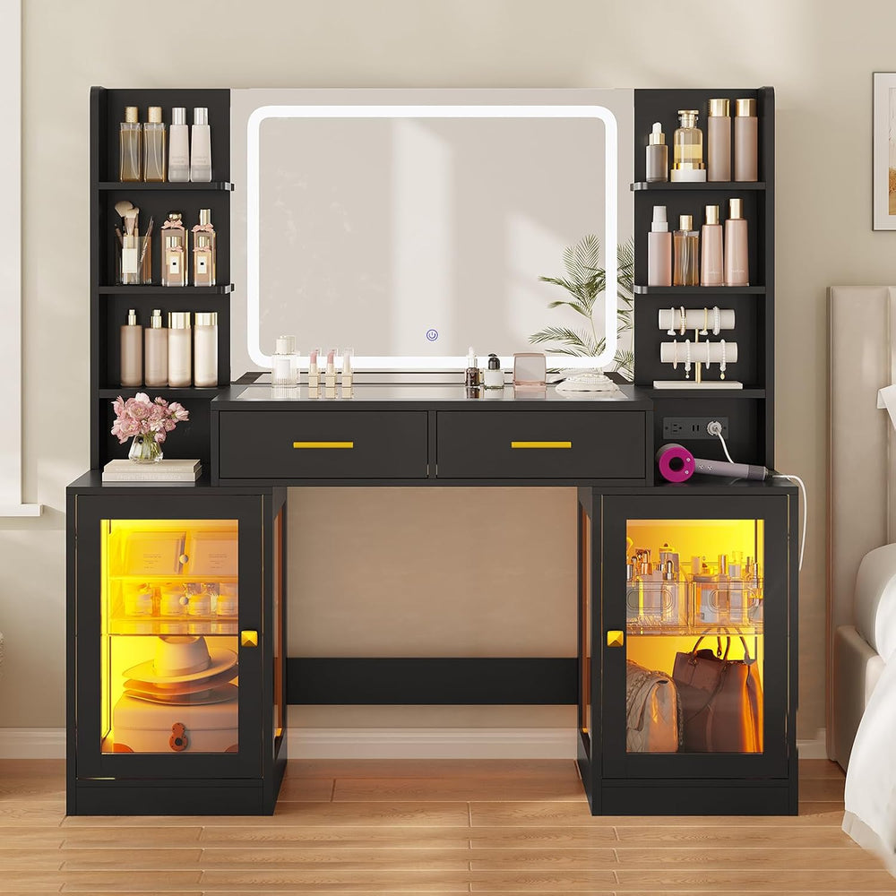 ADORNEVE Makeup Vanity with Mirror & Lights, Glass RGB Cabinets, Black | ...