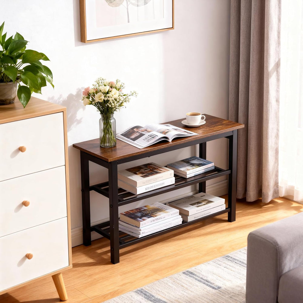 3-Tier Shoe Rack Bench, Rustic Brown Industrial Entryway Storage Organizer wi...