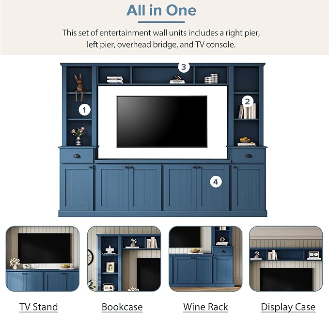 Merax Minimalist 103" Entertainment Wall Unit Set with Overhead Bridge for TVs Up to 75", Modern Large Media Console with Adjustable Shelves, Ample Storage Cabinets & Drawers for Living Room, Blue