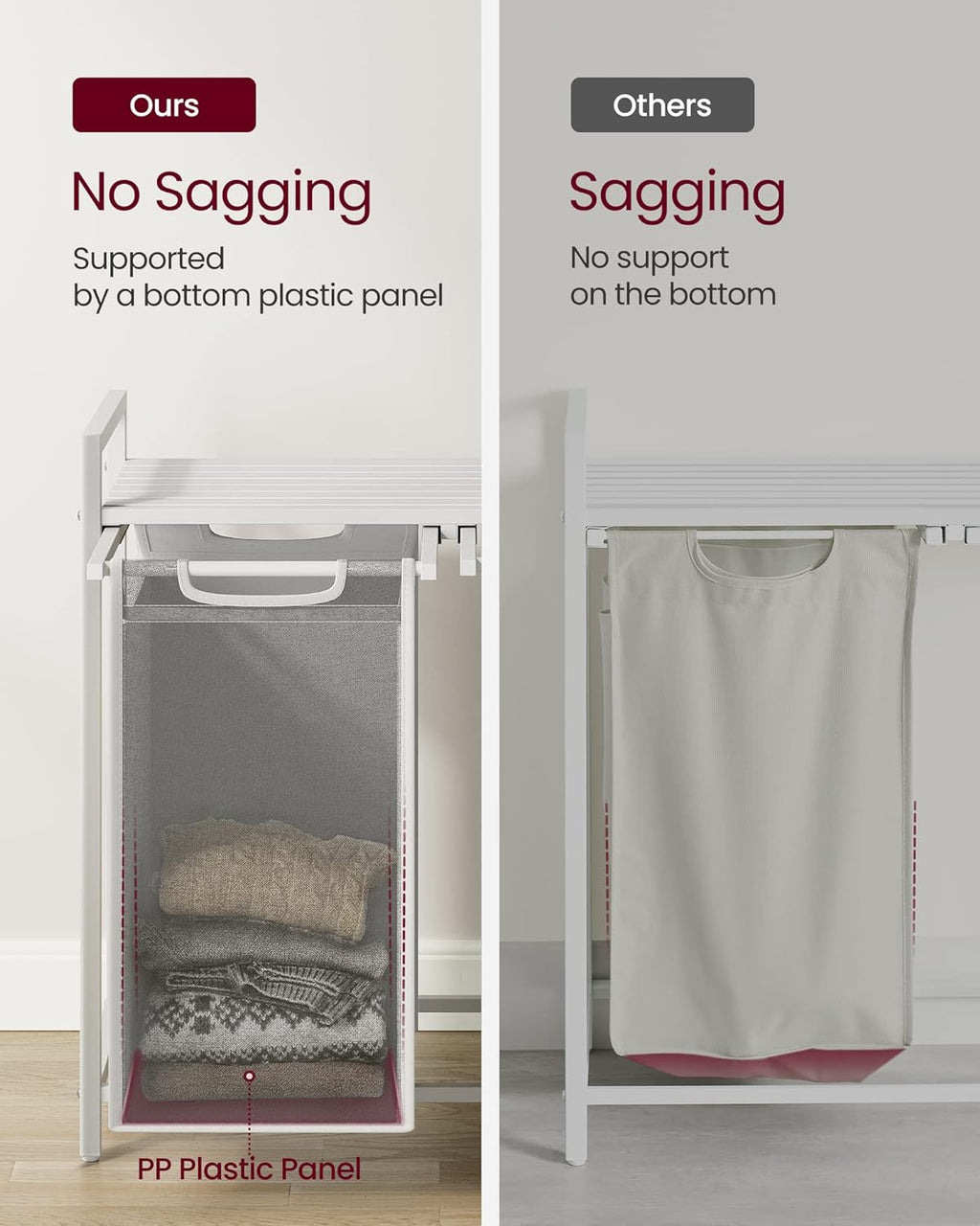 VASAGLE Laundry Hamper, Laundry Basket, Laundry Sorter with 2 Pull-Out and Removable Bags, Shelf, Metal Frame, 2 x 12.1 Gallons (46 L), 28.8 x 13 x 28.4 Inches, Cream White and Cloud White UBLH201W01