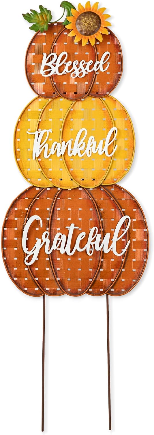 Glitzhome 35.5" H Fall Stacked Pumpkins Yard Stakes,Metal Thanksgiving S...