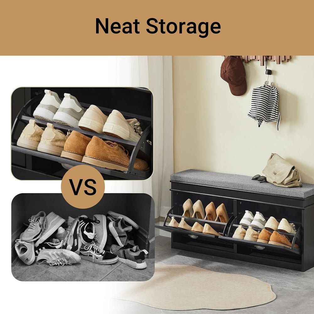 Haotian Black Storage Shoe Bench with Two Flip Drawers
