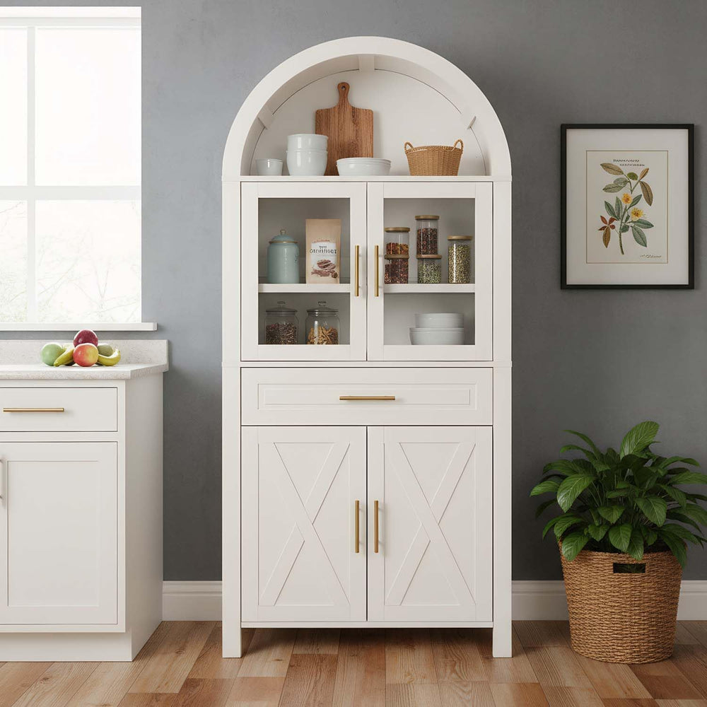 71" Arched Farmhouse Pantry Cabinet with Glass Barn Door, Versatile Cupb...