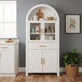 71" Arched Farmhouse Pantry Cabinet with Glass Barn Door, Versatile Cupboard with Adjustable Shelf Wood Storage Cupboard for Kitchen, Living & Dining Room (White)