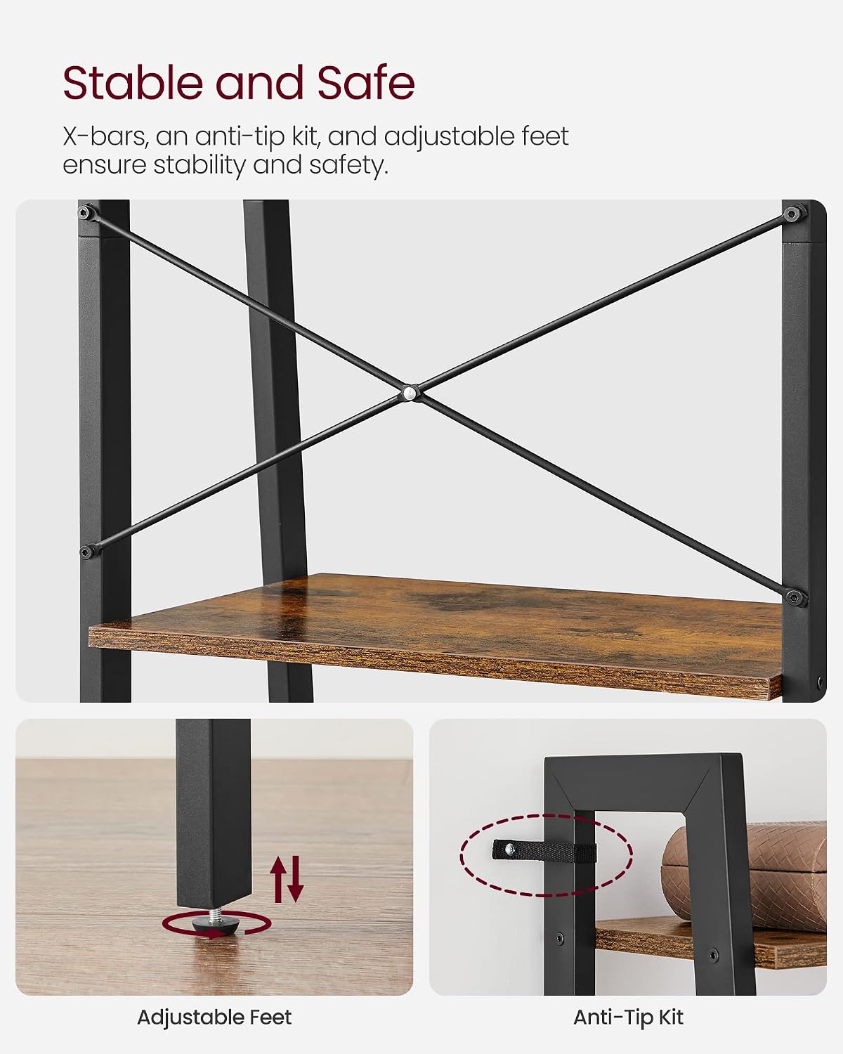 VASAGLE BARNET Collection - Ladder Shelf, Bookshelf, Storage Rack, Modern Bookcase for Living Room Home Office Kitchen, Steel Frame, 4-Tier, 22-Inch Wide, Rustic Brown and Ink Black ULLS44X