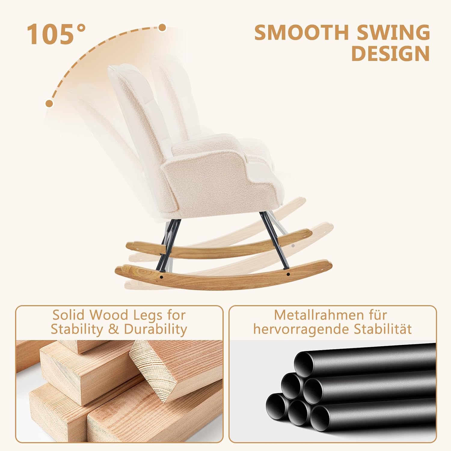 Furniliving Nursery Rocking Chair Modern Armchair Upholstered Glider Rocking Chair Nursery Chair Reading Chair with High Backrest Solid Wood Base for Bedroom, Living Room, Office, White, Teddy