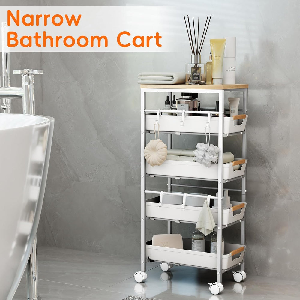 5-Tier Slim Storage Cart, Wooden Top Rolling Kitchen Cart with Pull-Out Baske...