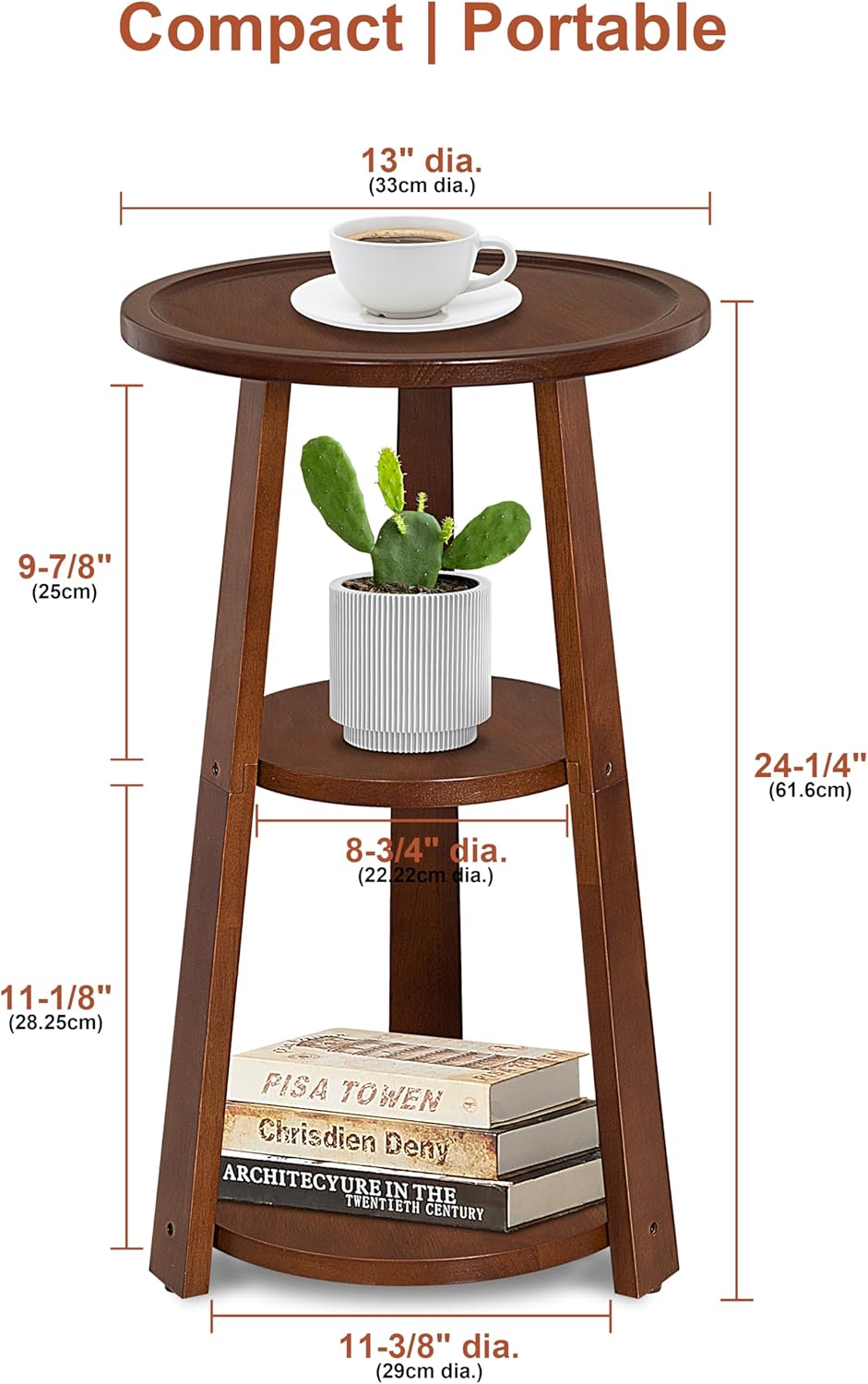 3-Tier Round Side Table, Solid Wood End Table & Nightstand for Small Spac...