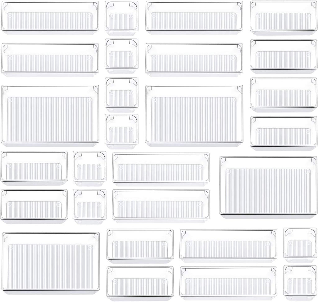 Kootek 28Pcs Drawer Organizer Set, 4-Size Bathroom Tray Makeup Desk Divider | Clear Plastic, Multi-Use Individual Storage Organizers, Customize layouts, Easy to Clean, for Bathroom Office Dresser Bedroom