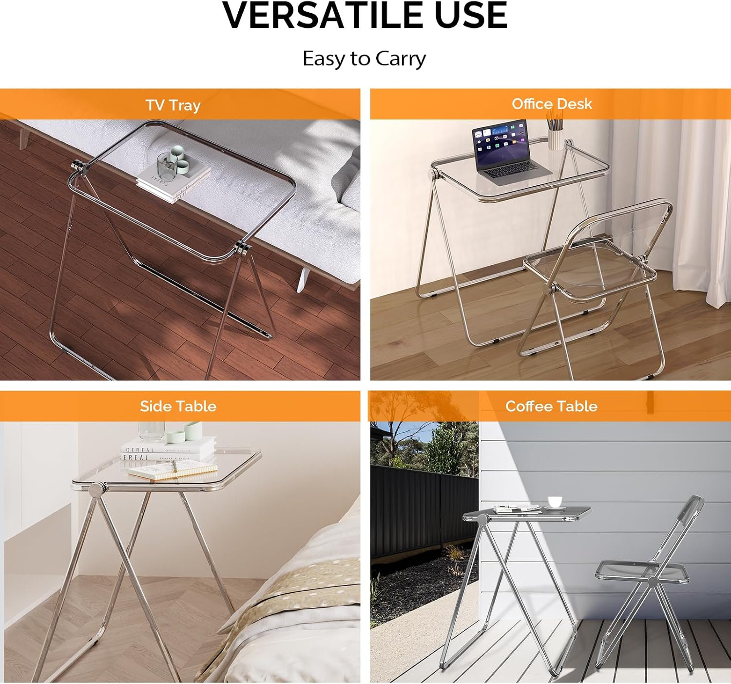 VINGLI Folding Acrylic Table and Chair Set Small TV Tray for Snack Dinner on Couch, Tiny Foldable Desk Writing Desk for Home Office for Small Spaces