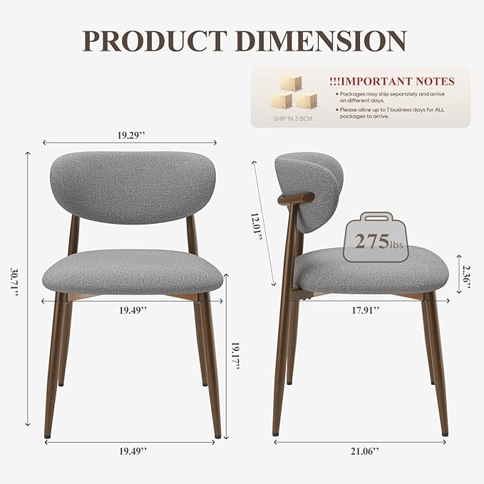 Dining Chairs Set of 6, Upholstered Dining Room Chairs with Metal Legs and Anti Slip Pads, Curved Back Kitchen Chair for Home and Restaurant Use, Light Grey
