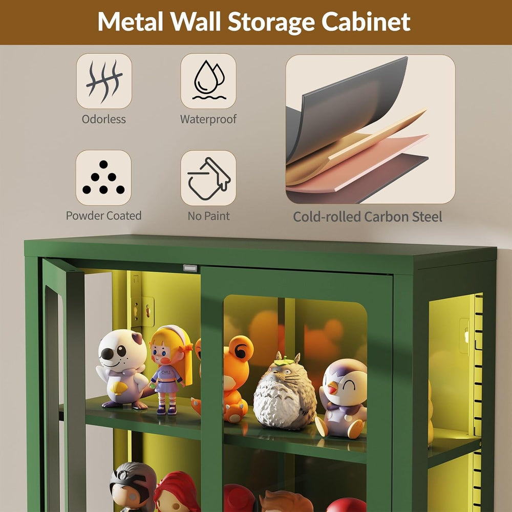 Waterproof Bathroom Metal Wall Cabinet with Light, Glass Doors & Adjustab...