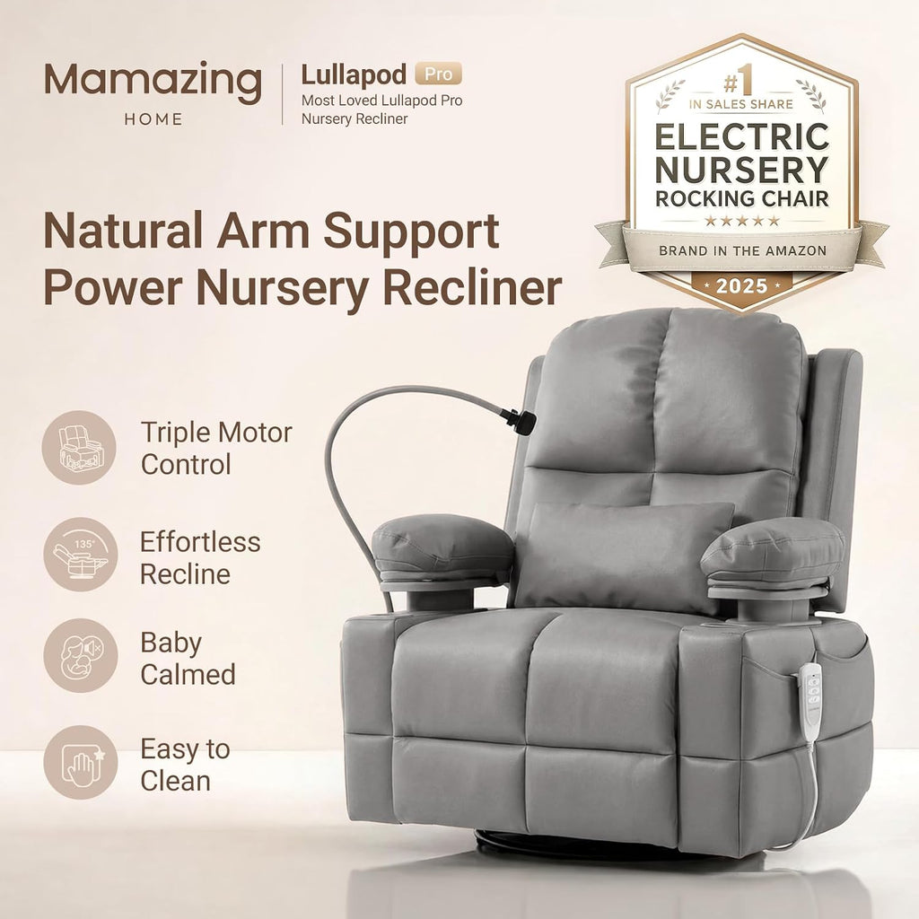 MAMAZING Lullapod Power Nursery Rocking Chair with HugAssist Armrest | Triple Motor Power Nursing Recliner with 270° Swivel Glider & Quiet Rocking, Dual Charging Ports & Built-In Storage