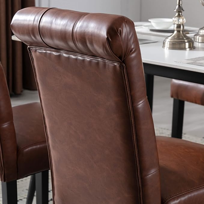 Farmhouse Dining Chairs Set of 8, PU Leather Kitchen Chairs Modern Tufted Accent Chair Solid Wood Parsons Side Chairs for Living Room/Bedroom/Resturant/Dinner, (Brown)