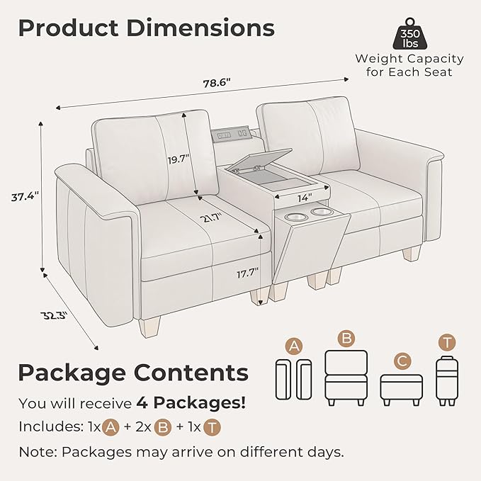 SITJOY 79" Faux Leather Modular Sectional Sofa with Storage, Mid Century Modern Sectional Couches for Living Room, 2 Seat Loveseat with Console Table, Hidden Cupholders, Greige