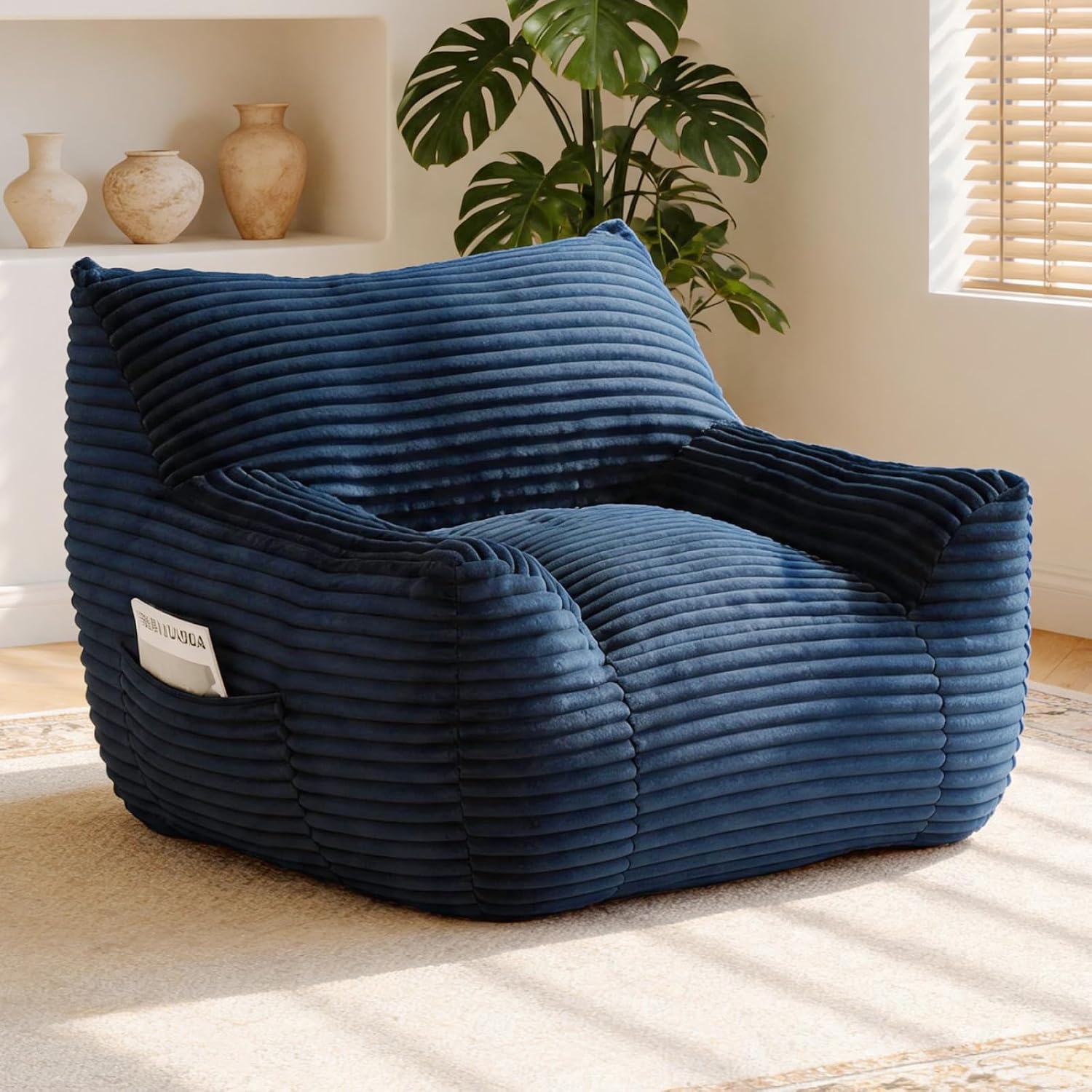 Bean Bag Chair for Adults & Kids, Giant Bean Bag Sofa with Side Pocket, Corduroy Beanbag Chair with Armrests, Comfy Stuffed Floor Sofa for Living Room Bedroom Dorm, Blue