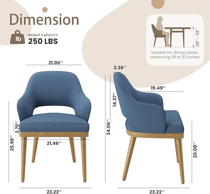 Wooden Dining Chairs Set of 2, Modern Fabric Upholstered Dining Room Chair, Kitchen Side Chairs, Farmhouse Dinner Chair with Open Back for Kitchen, Blue