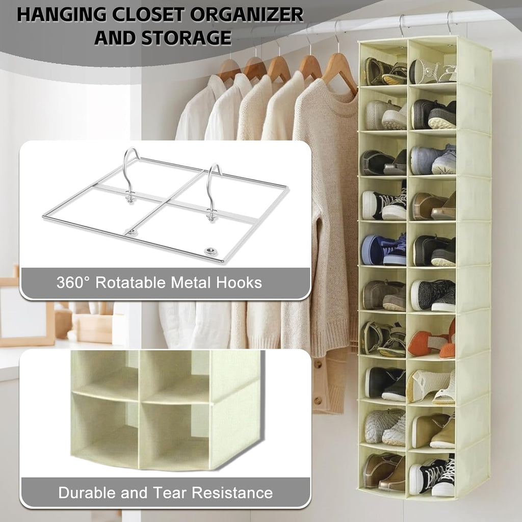 20 Section Hanging Shoe Organizer for Closet, Beige | Hanging Closet Organizer and Storage for Wardrobe, Dorm, Bedroom, Space Saving Foldable Clothes Shelf with Sturdy Hooks