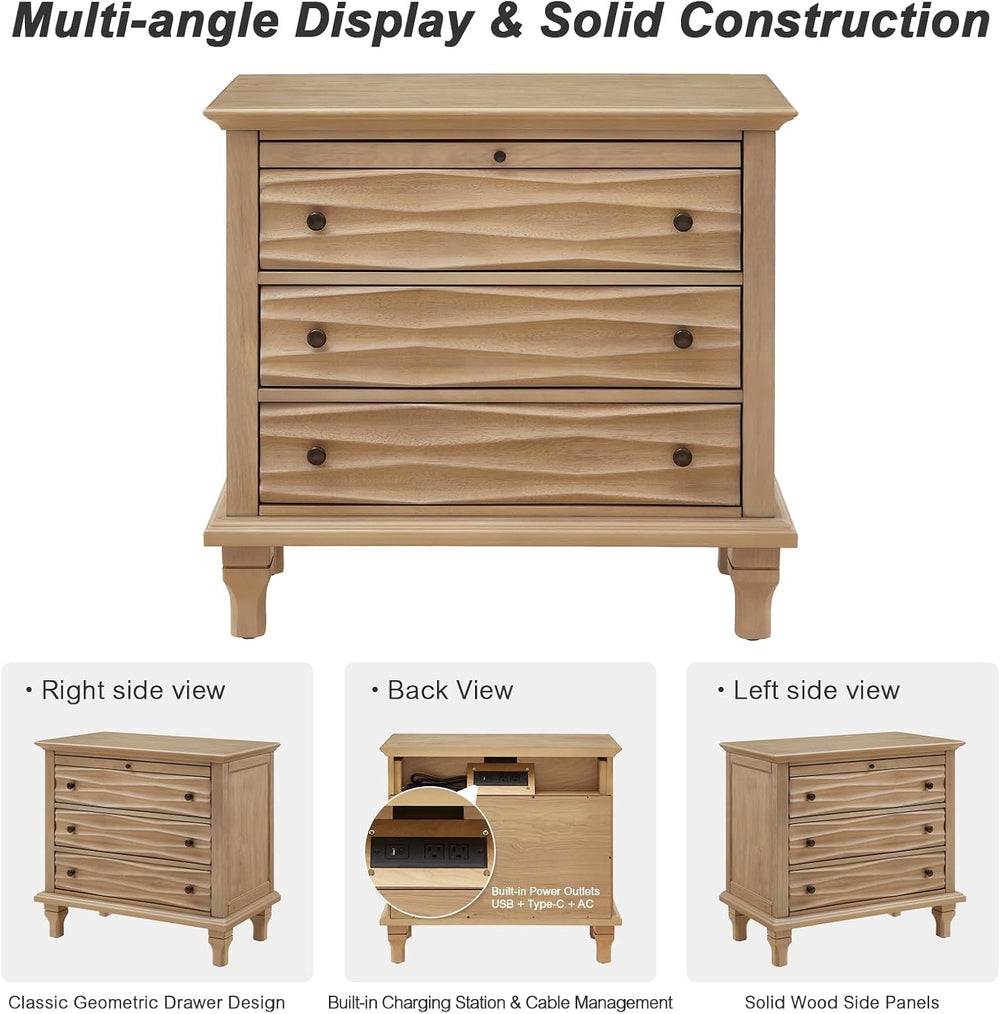 Traditional Wave Textured Nightstand, 3 Drawers Farmhouse Bedside Table with ...