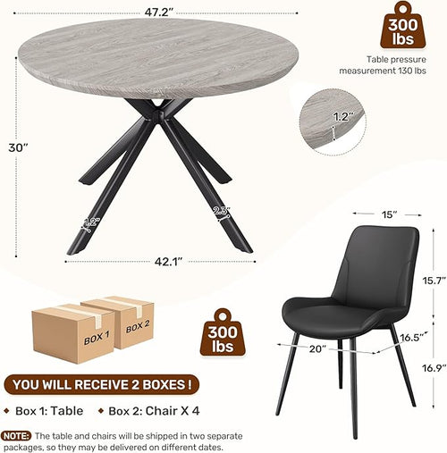 47.2" 5-Piece Round Dining Table Set for 4, Modern Wood Dining Table with 4 Upholstered Chairs, Kitchen & Dining Room Table Set with Metal Base for Apartment, Small Space, Grey Table+4 Balck Chairs