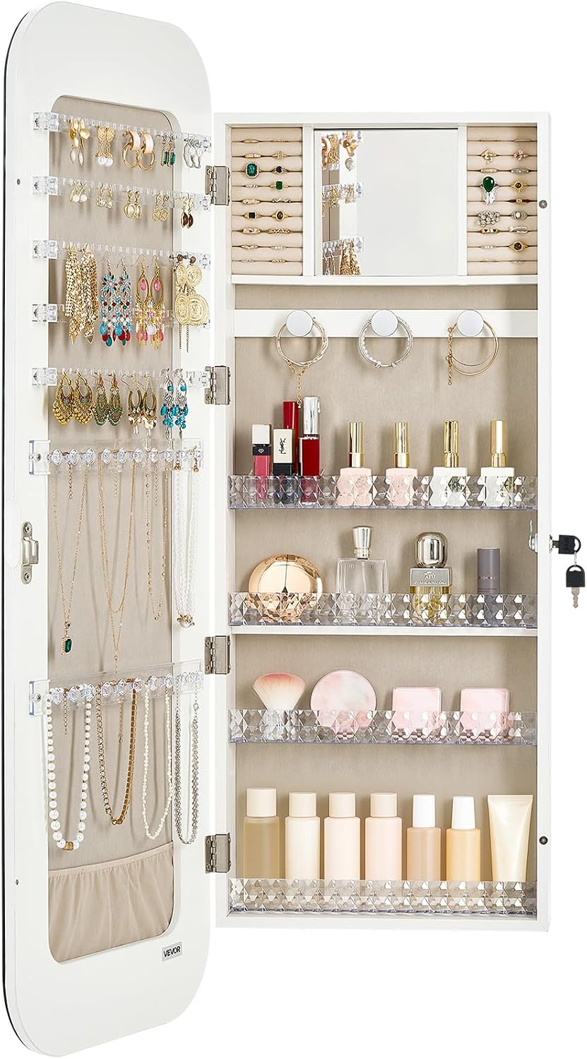 VEVOR Mirror Jewelry Cabinet, 42.5-inch Tall, Full-Length Mirror with Storage...