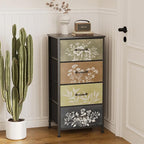 Tohomeor Vintage Dresser Vertical Nightstand with Neutral Botanical Plant Fabric Chest Drawers for Closet Bathroom Storage Tower Unit Bed Side Organizer Farmhouse Rustic (Multi, 4 Drawers)