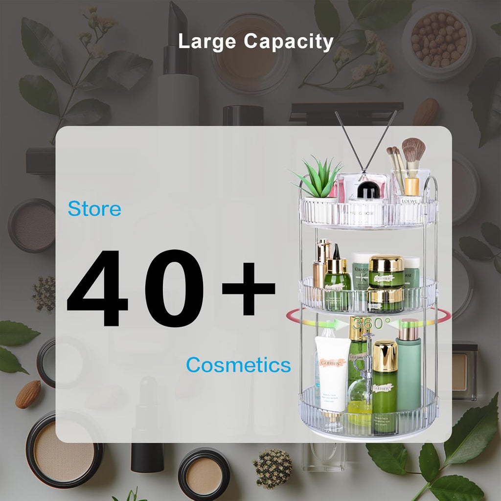 360 Rotating Makeup Organizer, 3 Tier Large Capacity Lazy Susan Bathroom Counter Organizer, Skincare Organizers, Spinning Perfume Organizer & Vanity Organizer Countertop (Silver Clear, 3 Tier)
