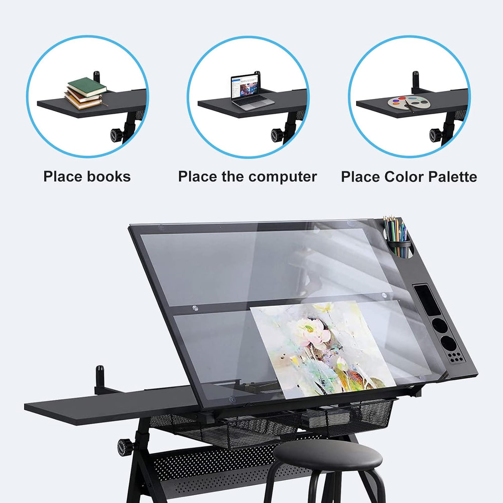 Height Adjustable Drafting Tables, Glass Drawing Art Table, Tilting Tabletop ...